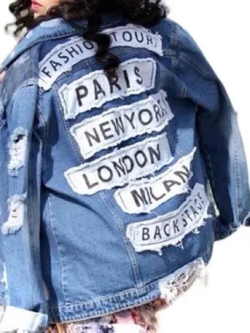 American Bazi Name Cities Blue Distressed Patch Denim Jacket Large